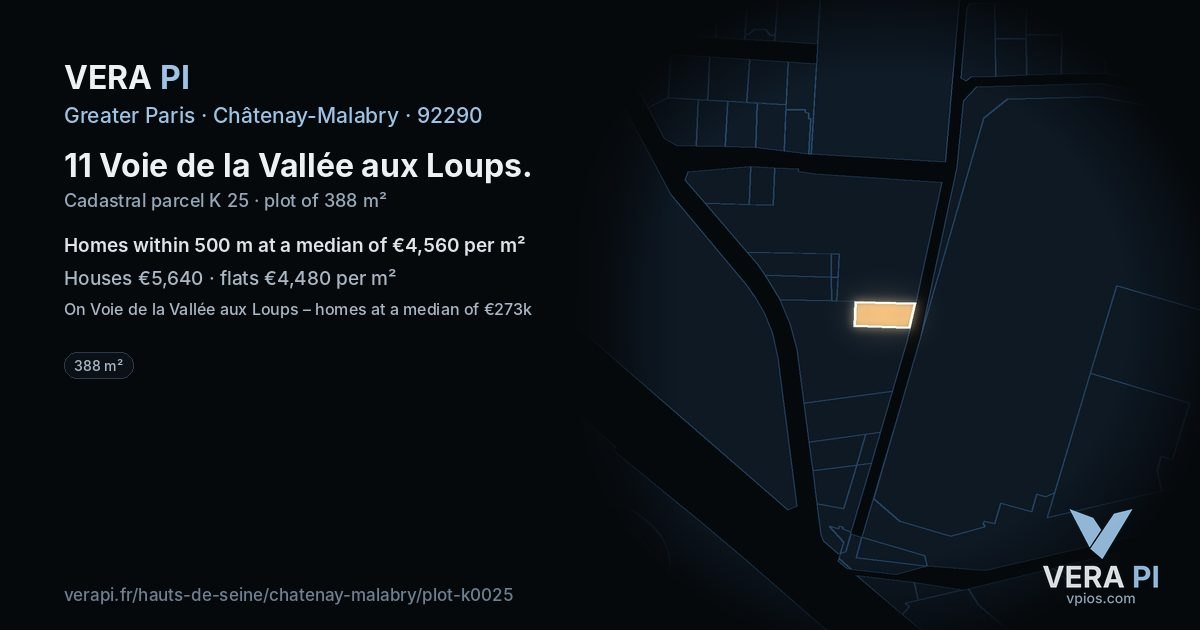 11 Voie de la Vallée aux Loups, Châtenay-Malabry at night – the plot lit, the parcels around coloured by the prices near them