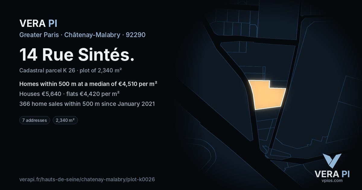 14 Rue Sintés, Châtenay-Malabry at night – the plot lit, the parcels around coloured by the prices near them