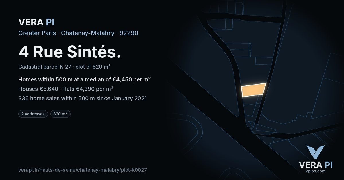 4 Rue Sintés, Châtenay-Malabry at night – the plot lit, the parcels around coloured by the prices near them