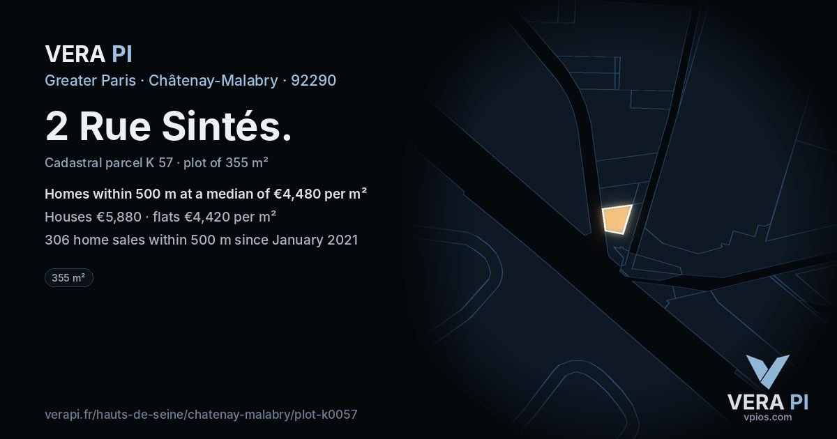 2 Rue Sintés, Châtenay-Malabry at night – the plot lit, the parcels around coloured by the prices near them