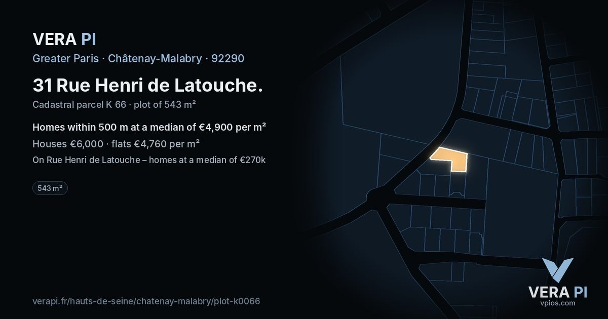 31 Rue Henri de Latouche, Châtenay-Malabry at night – the plot lit, the parcels around coloured by the prices near them