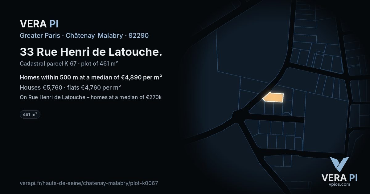 33 Rue Henri de Latouche, Châtenay-Malabry at night – the plot lit, the parcels around coloured by the prices near them