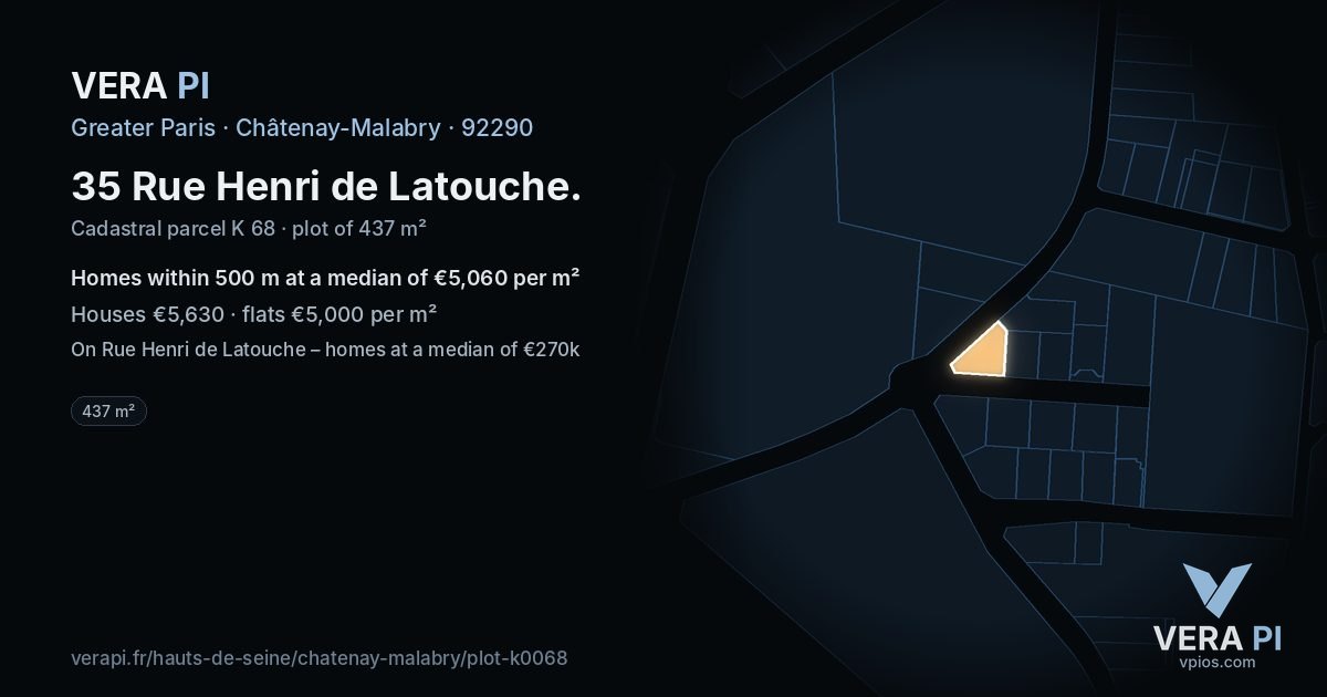 35 Rue Henri de Latouche, Châtenay-Malabry at night – the plot lit, the parcels around coloured by the prices near them