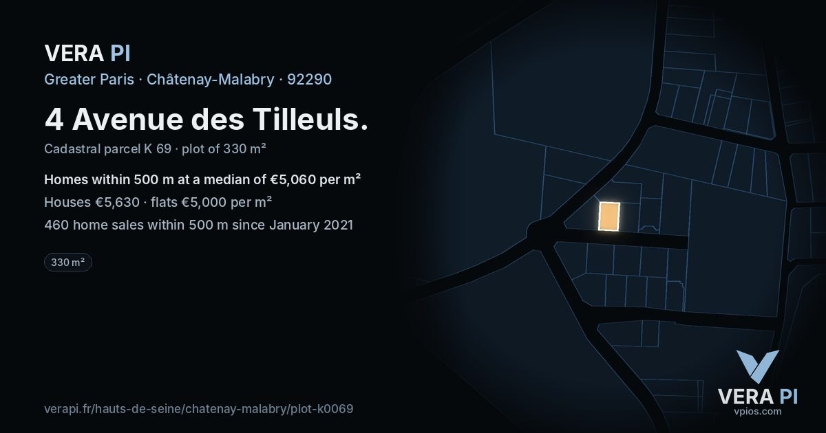 4 Avenue des Tilleuls, Châtenay-Malabry at night – the plot lit, the parcels around coloured by the prices near them