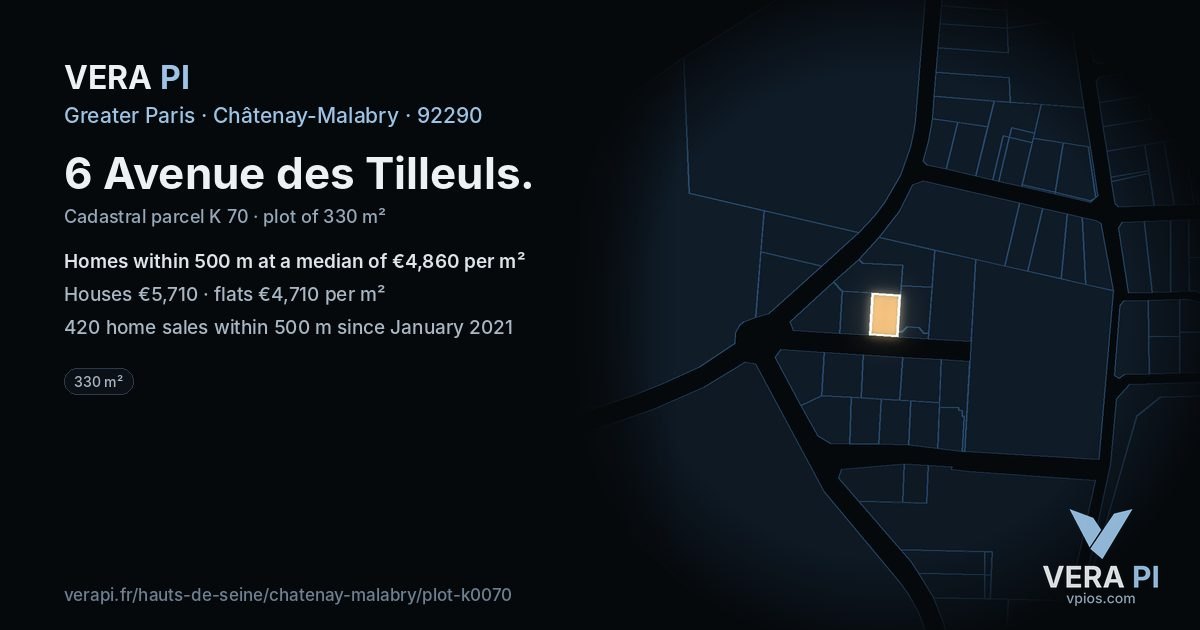 6 Avenue des Tilleuls, Châtenay-Malabry at night – the plot lit, the parcels around coloured by the prices near them