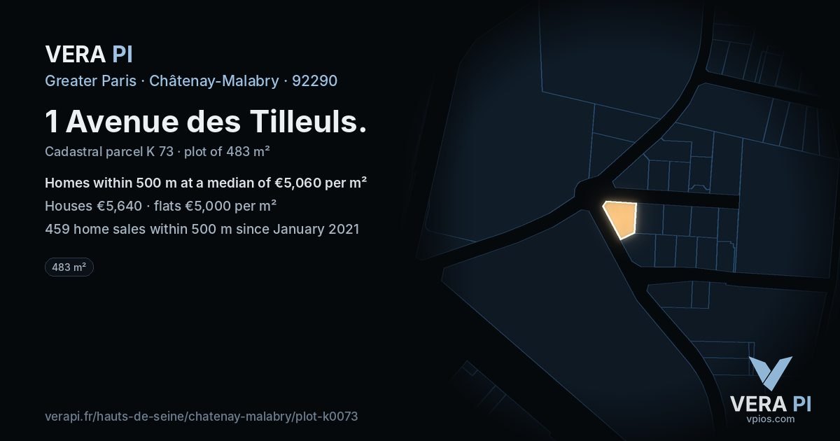 1 Avenue des Tilleuls, Châtenay-Malabry at night – the plot lit, the parcels around coloured by the prices near them
