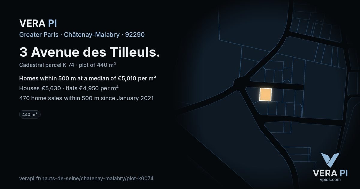 3 Avenue des Tilleuls, Châtenay-Malabry at night – the plot lit, the parcels around coloured by the prices near them