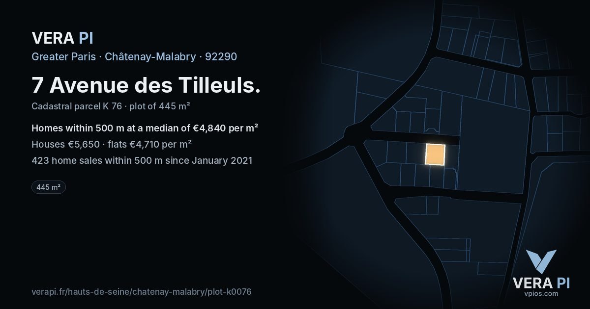 7 Avenue des Tilleuls, Châtenay-Malabry at night – the plot lit, the parcels around coloured by the prices near them