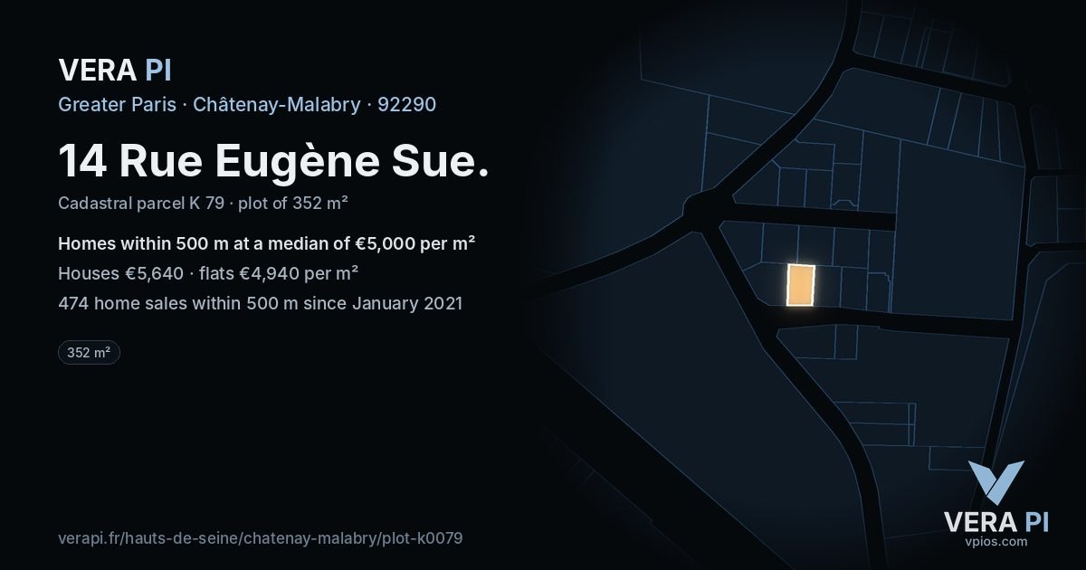 14 Rue Eugène Sue, Châtenay-Malabry at night – the plot lit, the parcels around coloured by the prices near them