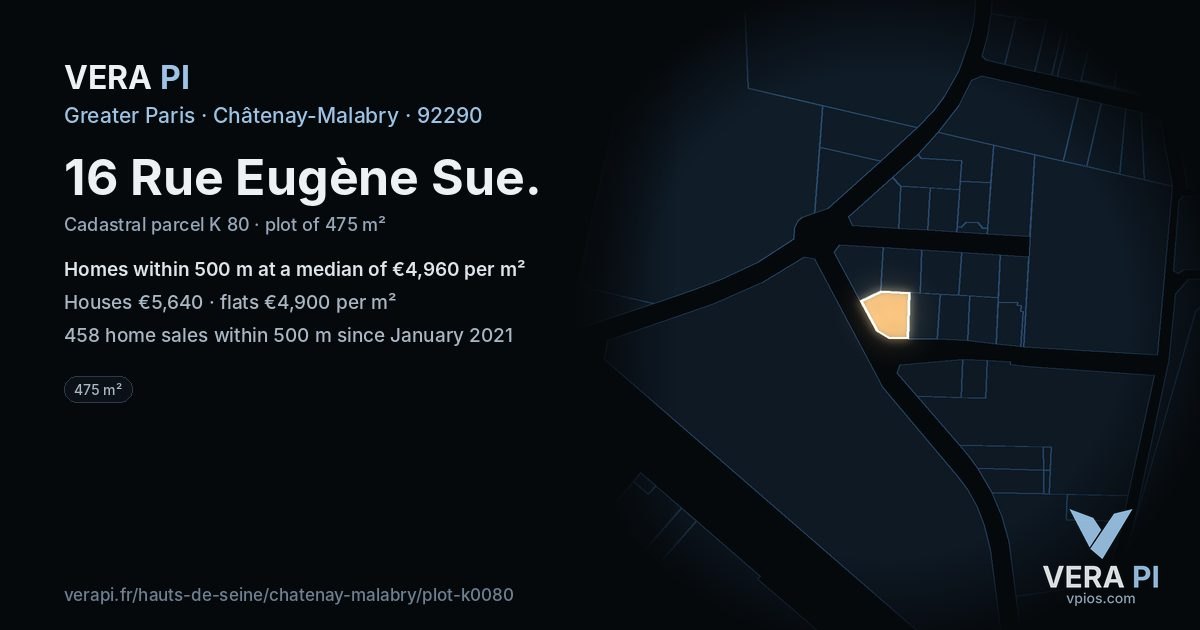 16 Rue Eugène Sue, Châtenay-Malabry at night – the plot lit, the parcels around coloured by the prices near them