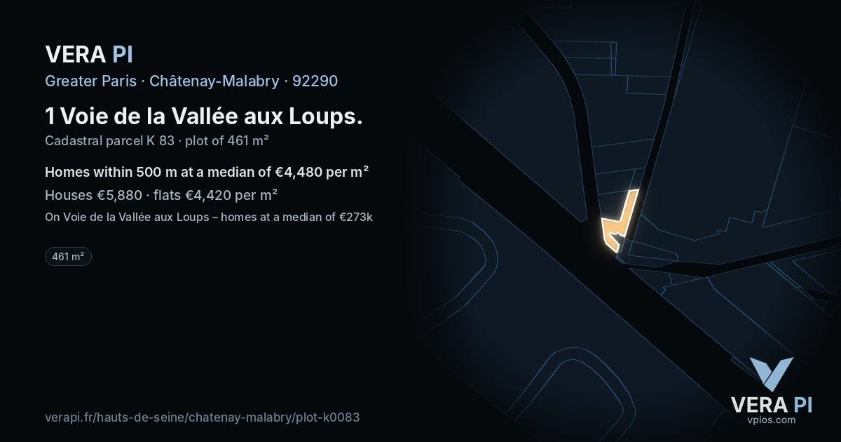 1 Voie de la Vallée aux Loups, Châtenay-Malabry at night – the plot lit, the parcels around coloured by the prices near them