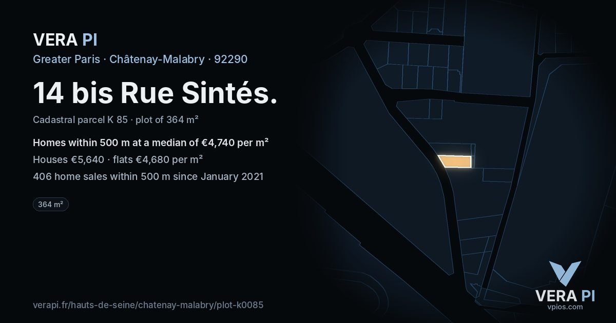14 bis Rue Sintés, Châtenay-Malabry at night – the plot lit, the parcels around coloured by the prices near them