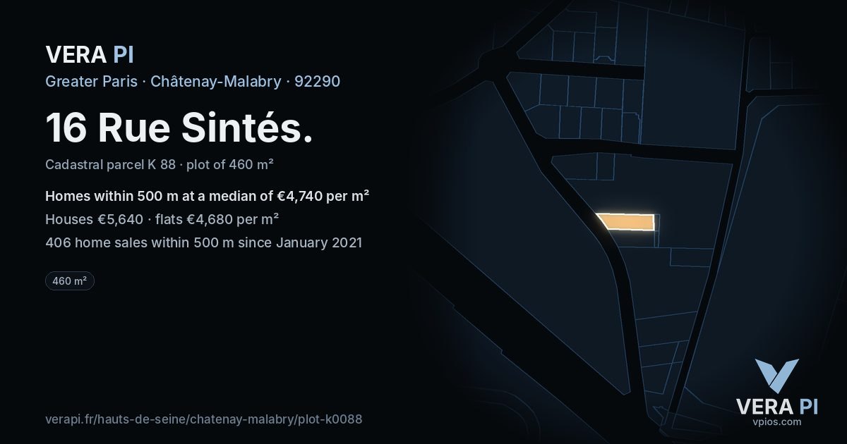 16 Rue Sintés, Châtenay-Malabry at night – the plot lit, the parcels around coloured by the prices near them