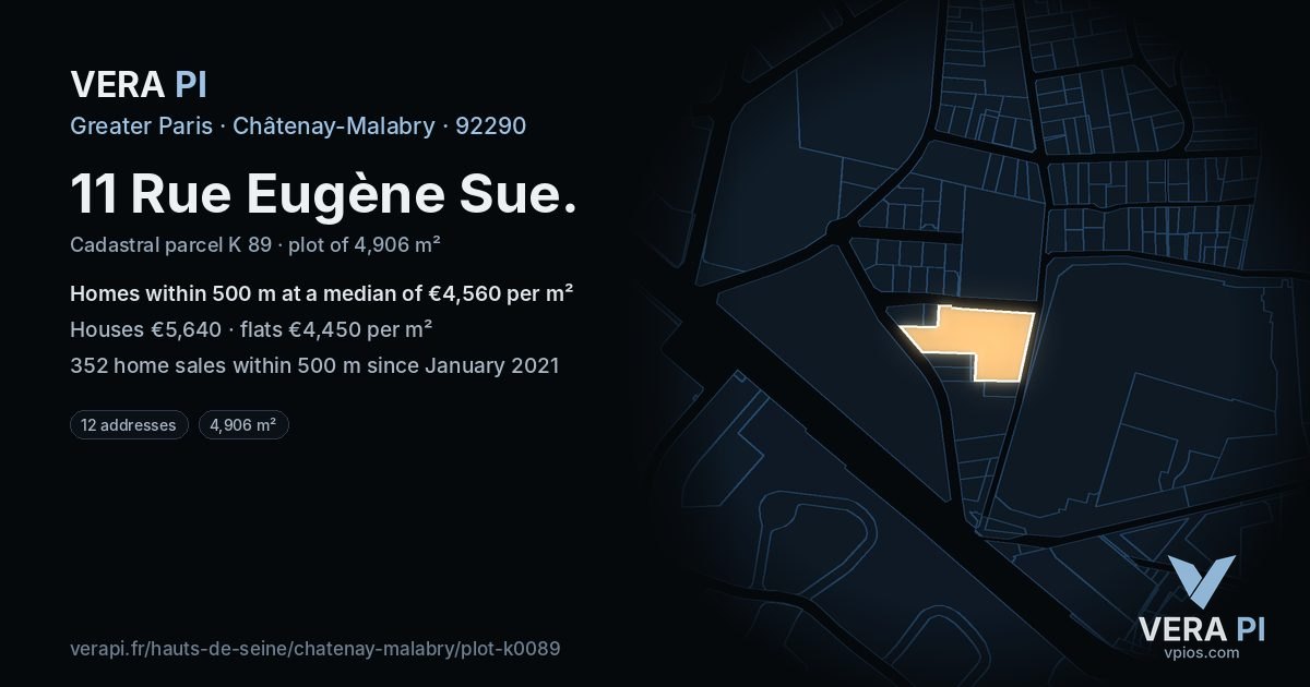 11 Rue Eugène Sue, Châtenay-Malabry at night – the plot lit, the parcels around coloured by the prices near them