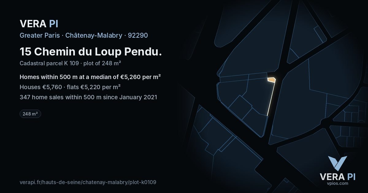 15 Chemin du Loup Pendu, Châtenay-Malabry at night – the plot lit, the parcels around coloured by the prices near them