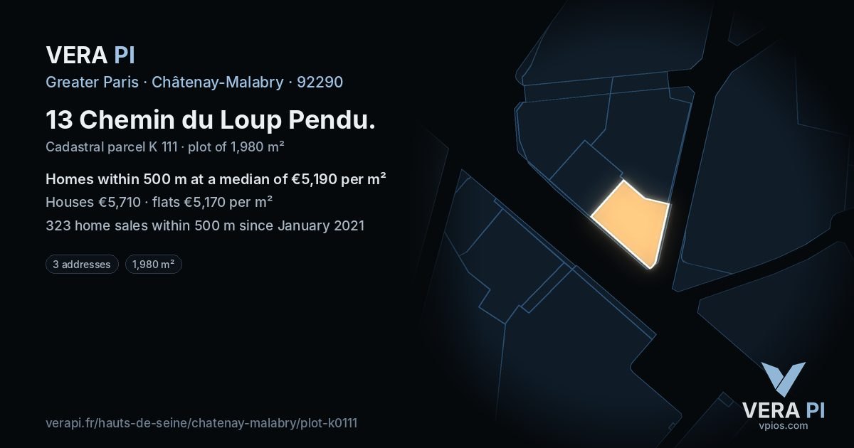 13 Chemin du Loup Pendu, Châtenay-Malabry at night – the plot lit, the parcels around coloured by the prices near them