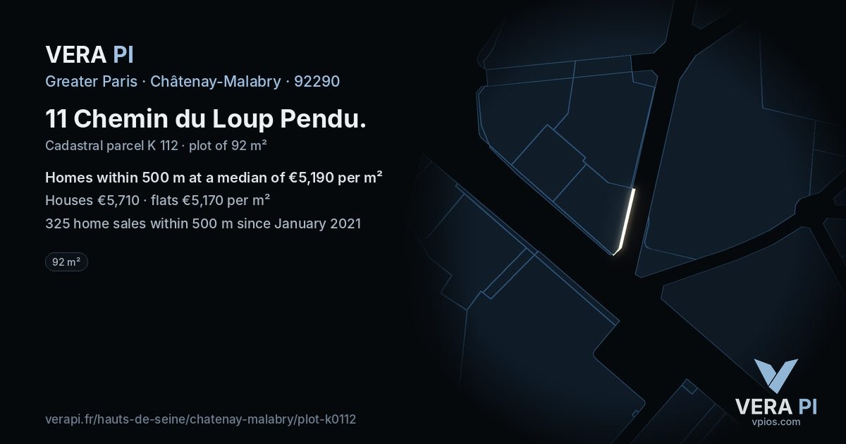 11 Chemin du Loup Pendu, Châtenay-Malabry at night – the plot lit, the parcels around coloured by the prices near them