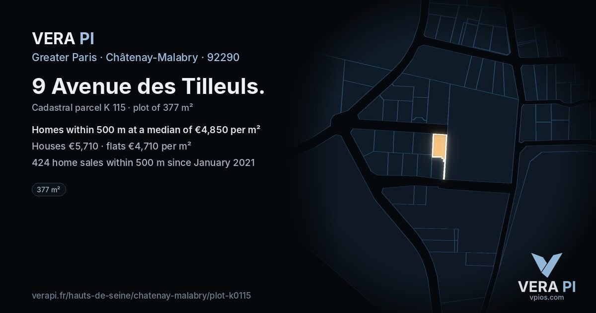 9 Avenue des Tilleuls, Châtenay-Malabry at night – the plot lit, the parcels around coloured by the prices near them