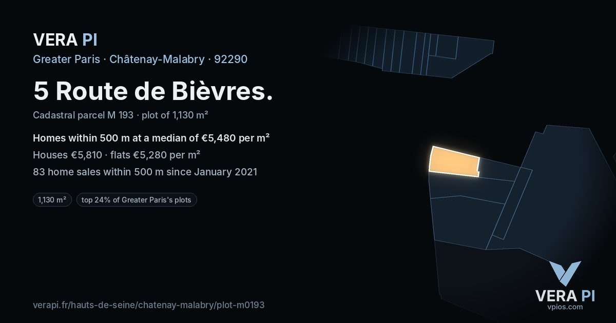 5 Route de Bièvres, Châtenay-Malabry at night – the plot lit, the parcels around coloured by the prices near them