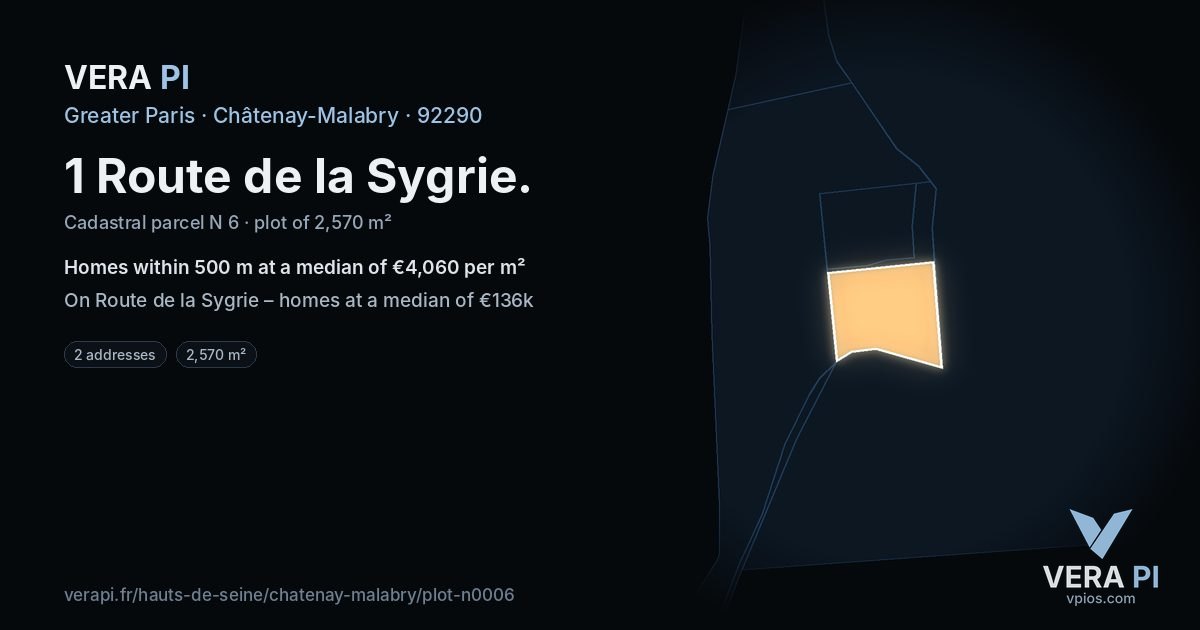 1 Route de la Sygrie, Châtenay-Malabry at night – the plot lit, the parcels around coloured by the prices near them