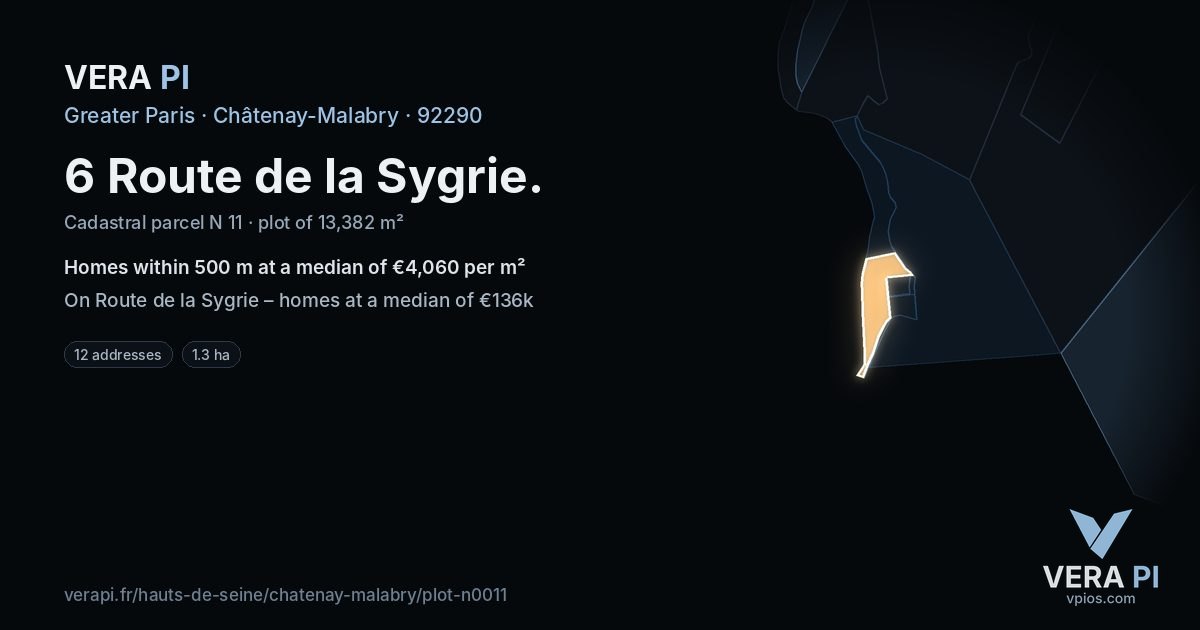6 Route de la Sygrie, Châtenay-Malabry at night – the plot lit, the parcels around coloured by the prices near them