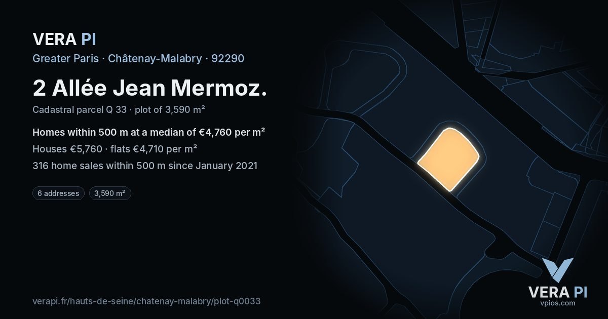 2 Allée Jean Mermoz, Châtenay-Malabry at night – the plot lit, the parcels around coloured by the prices near them
