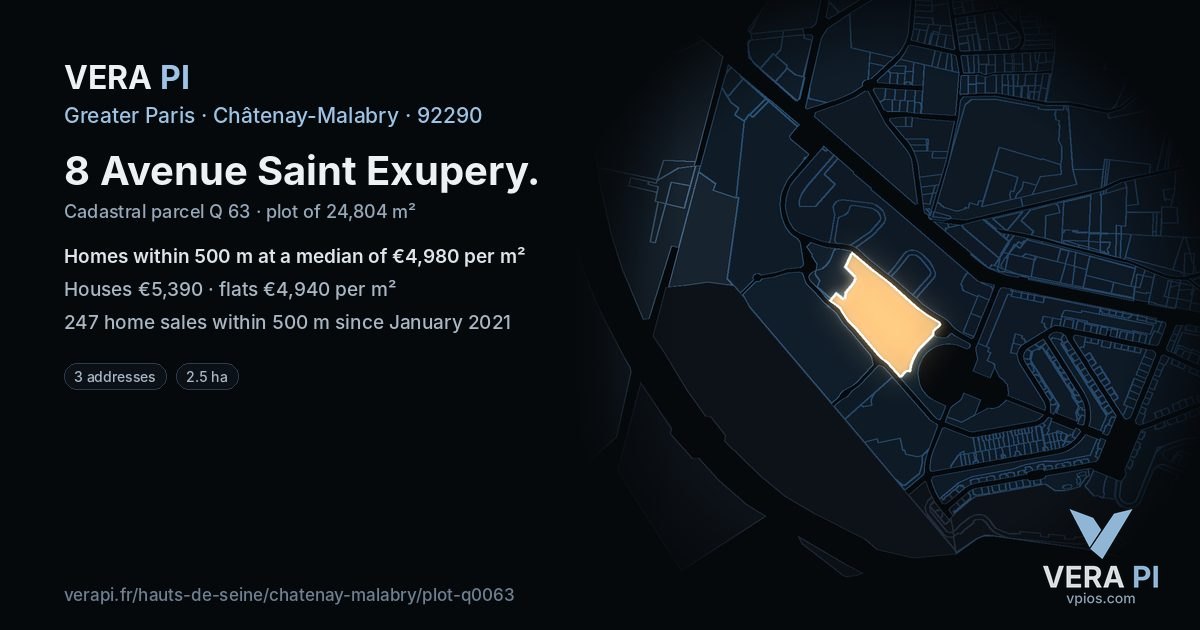 8 Avenue Saint Exupery, Châtenay-Malabry at night – the plot lit, the parcels around coloured by the prices near them