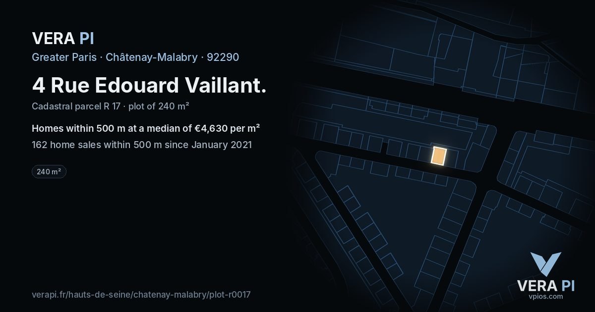 4 Rue Edouard Vaillant, Châtenay-Malabry at night – the plot lit, the parcels around coloured by the prices near them