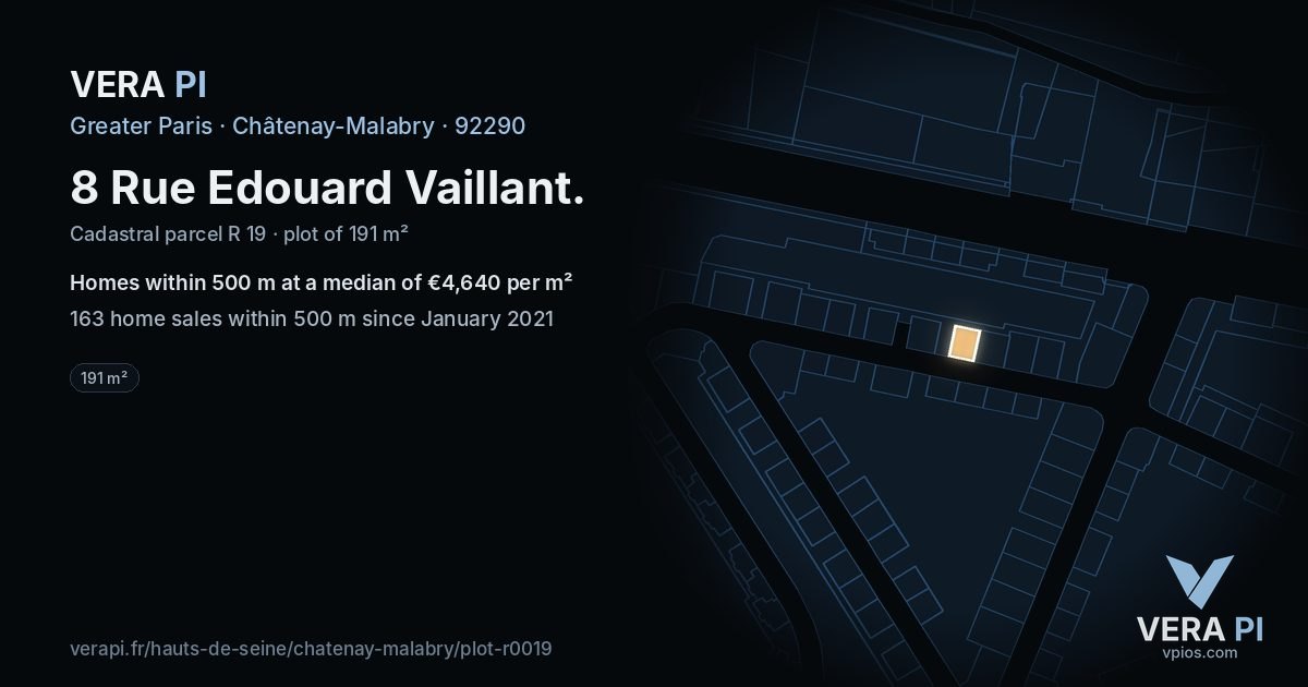 8 Rue Edouard Vaillant, Châtenay-Malabry at night – the plot lit, the parcels around coloured by the prices near them