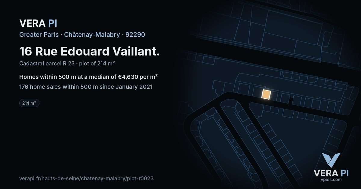 16 Rue Edouard Vaillant, Châtenay-Malabry at night – the plot lit, the parcels around coloured by the prices near them
