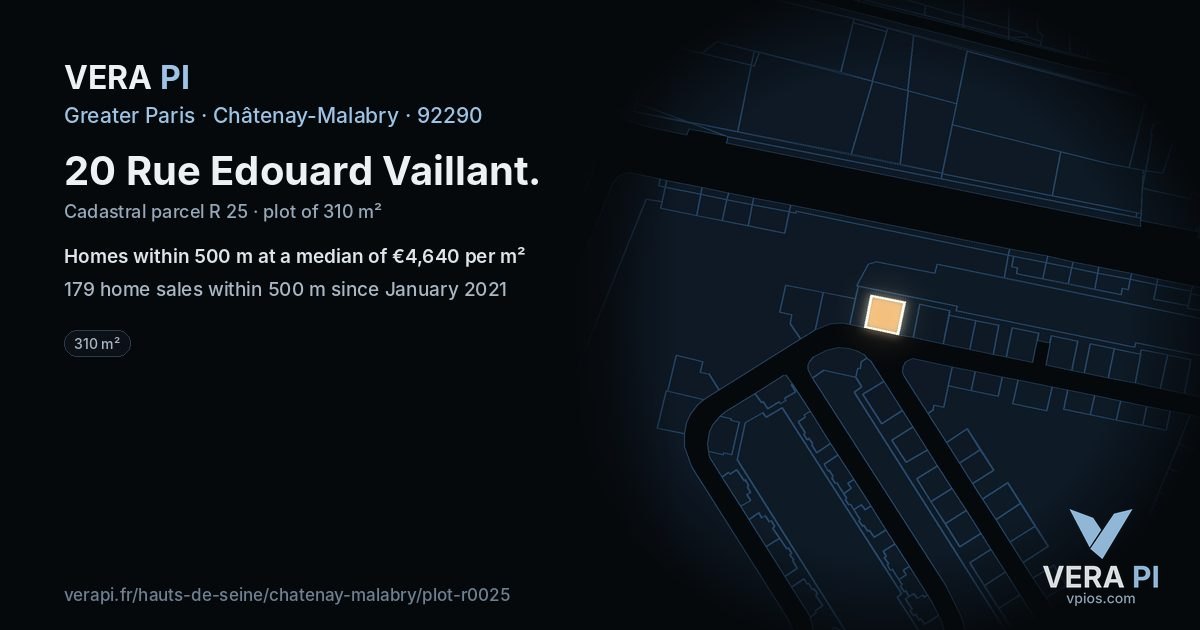 20 Rue Edouard Vaillant, Châtenay-Malabry at night – the plot lit, the parcels around coloured by the prices near them