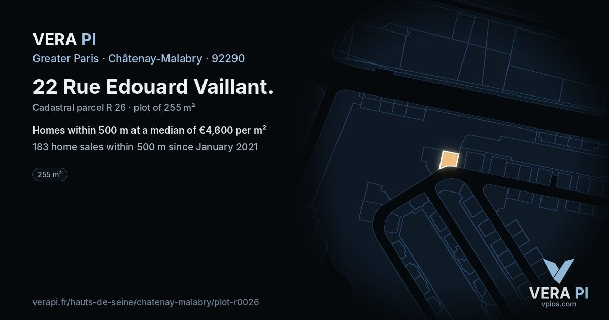 22 Rue Edouard Vaillant, Châtenay-Malabry at night – the plot lit, the parcels around coloured by the prices near them