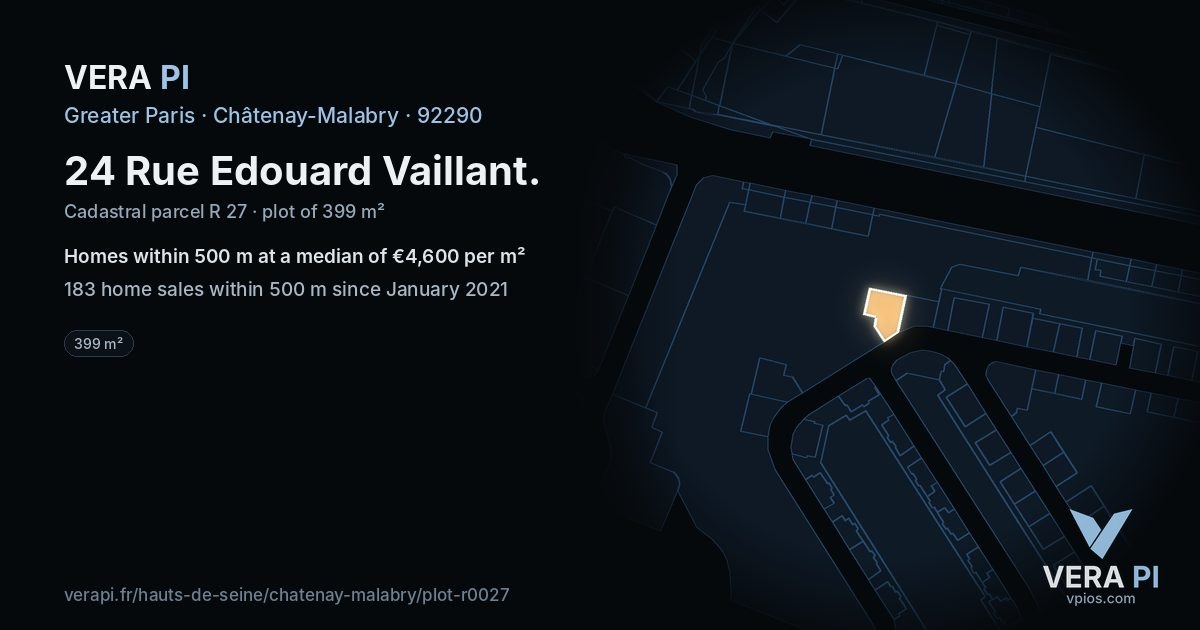 24 Rue Edouard Vaillant, Châtenay-Malabry at night – the plot lit, the parcels around coloured by the prices near them