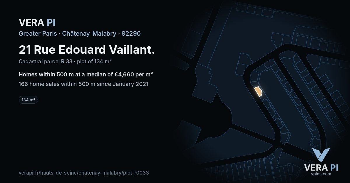 21 Rue Edouard Vaillant, Châtenay-Malabry at night – the plot lit, the parcels around coloured by the prices near them