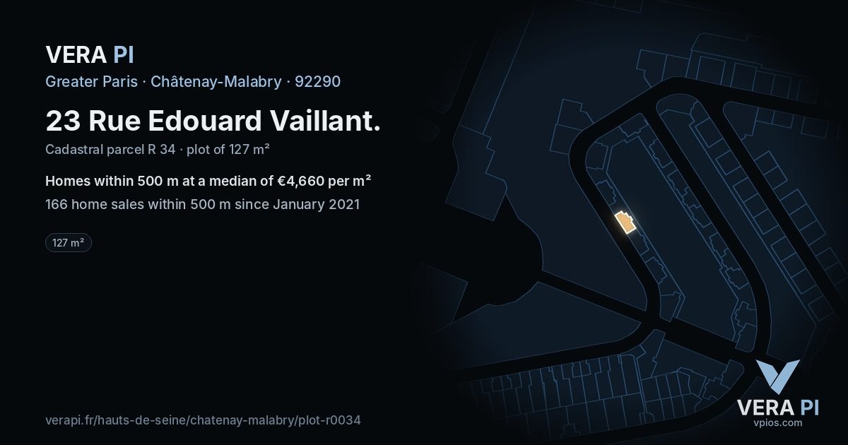23 Rue Edouard Vaillant, Châtenay-Malabry at night – the plot lit, the parcels around coloured by the prices near them