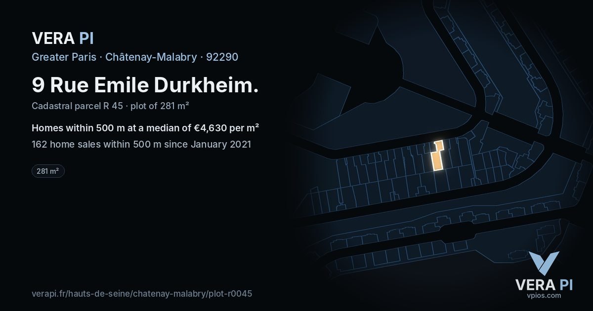 9 Rue Emile Durkheim, Châtenay-Malabry at night – the plot lit, the parcels around coloured by the prices near them