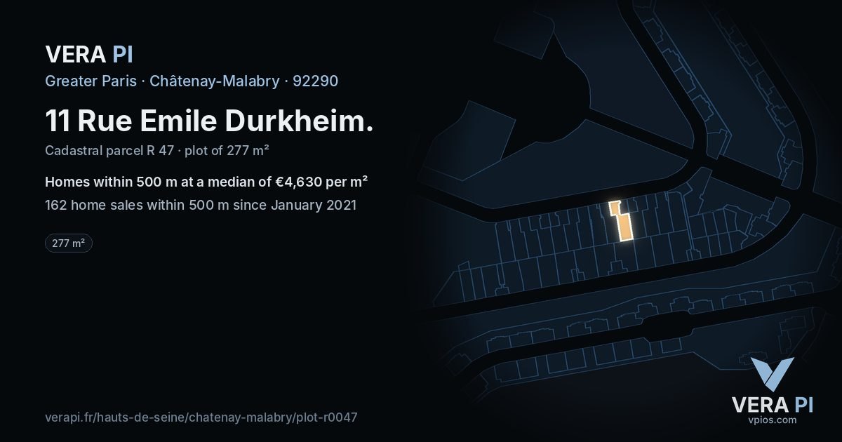 11 Rue Emile Durkheim, Châtenay-Malabry at night – the plot lit, the parcels around coloured by the prices near them