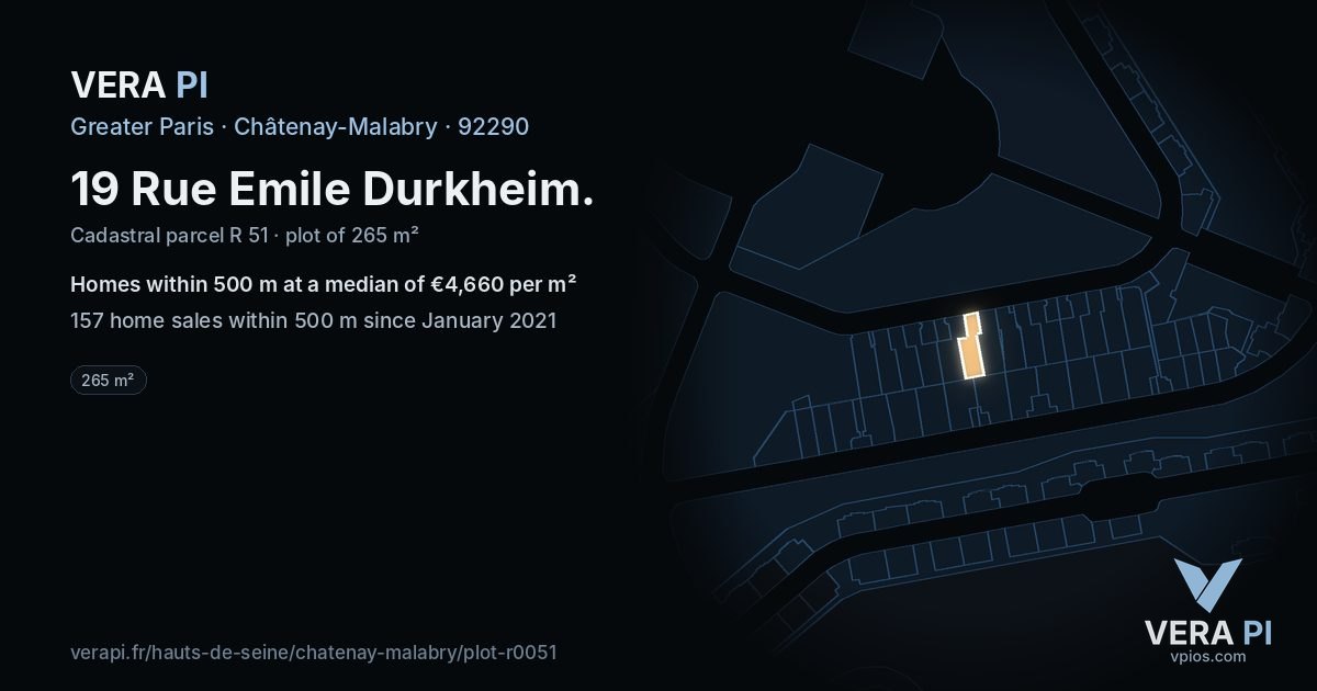 19 Rue Emile Durkheim, Châtenay-Malabry at night – the plot lit, the parcels around coloured by the prices near them