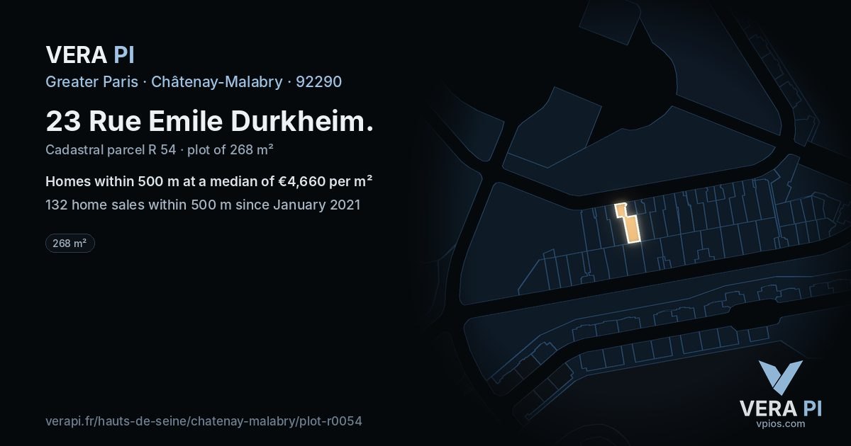 23 Rue Emile Durkheim, Châtenay-Malabry at night – the plot lit, the parcels around coloured by the prices near them