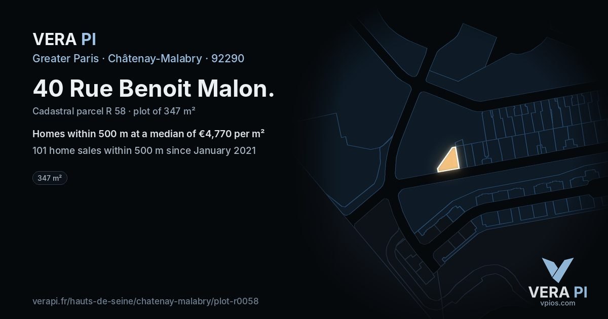 40 Rue Benoit Malon, Châtenay-Malabry at night – the plot lit, the parcels around coloured by the prices near them