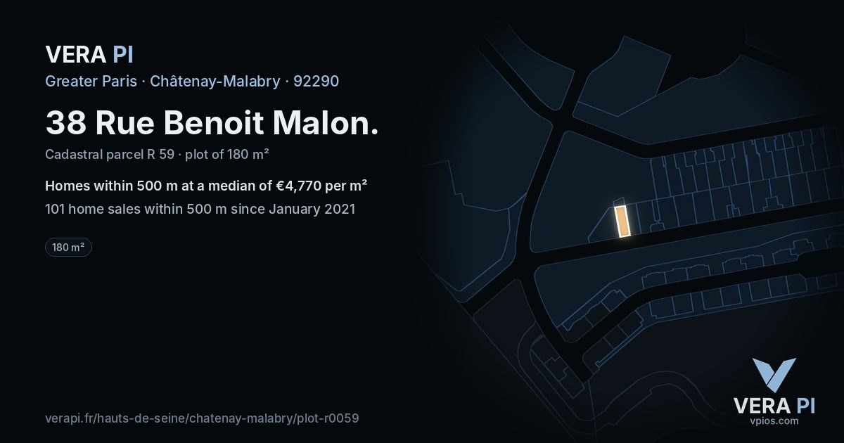 38 Rue Benoit Malon, Châtenay-Malabry at night – the plot lit, the parcels around coloured by the prices near them