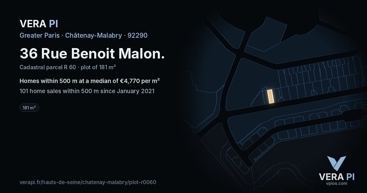 36 Rue Benoit Malon, Châtenay-Malabry at night – the plot lit, the parcels around coloured by the prices near them