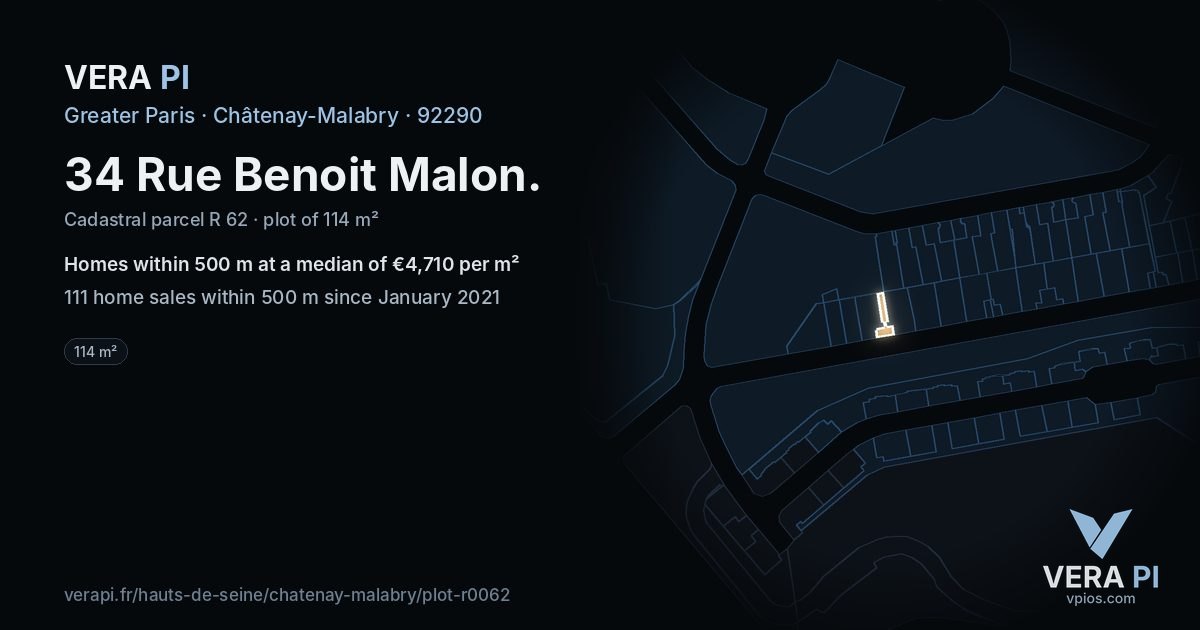 34 Rue Benoit Malon, Châtenay-Malabry at night – the plot lit, the parcels around coloured by the prices near them