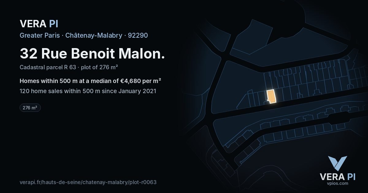 32 Rue Benoit Malon, Châtenay-Malabry at night – the plot lit, the parcels around coloured by the prices near them