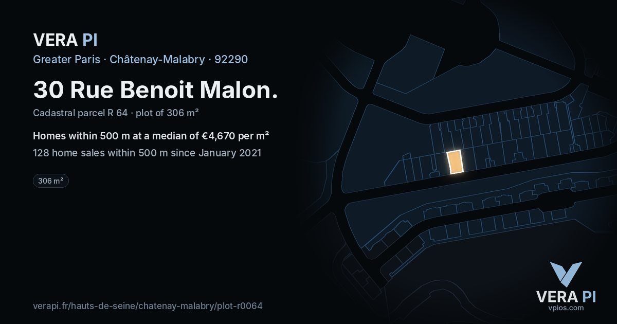 30 Rue Benoit Malon, Châtenay-Malabry at night – the plot lit, the parcels around coloured by the prices near them