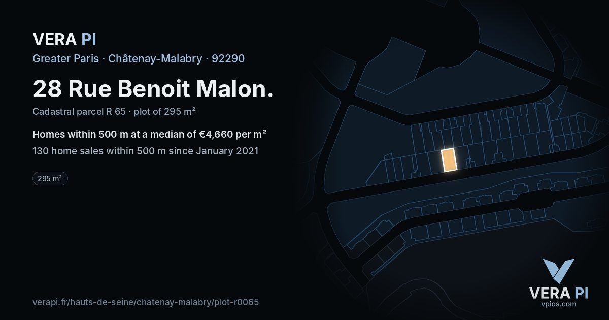 28 Rue Benoit Malon, Châtenay-Malabry at night – the plot lit, the parcels around coloured by the prices near them