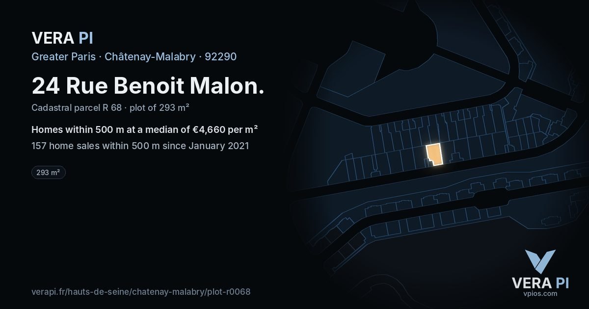 24 Rue Benoit Malon, Châtenay-Malabry at night – the plot lit, the parcels around coloured by the prices near them