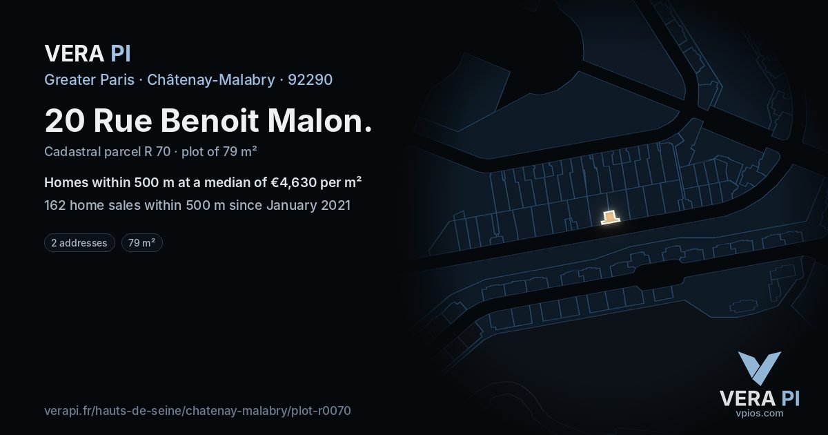 20 Rue Benoit Malon, Châtenay-Malabry at night – the plot lit, the parcels around coloured by the prices near them