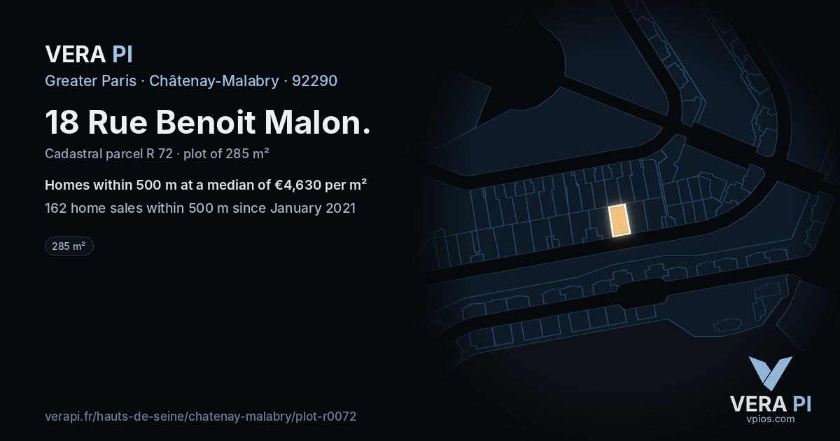 18 Rue Benoit Malon, Châtenay-Malabry at night – the plot lit, the parcels around coloured by the prices near them