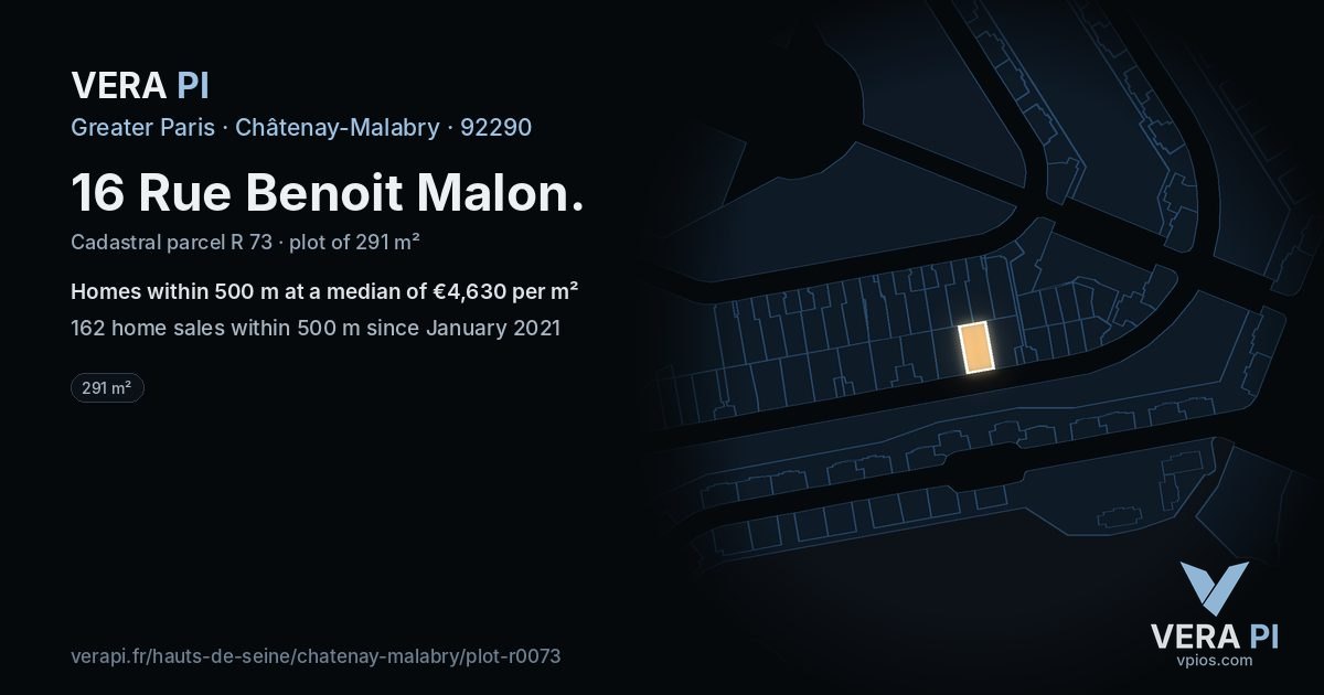 16 Rue Benoit Malon, Châtenay-Malabry at night – the plot lit, the parcels around coloured by the prices near them